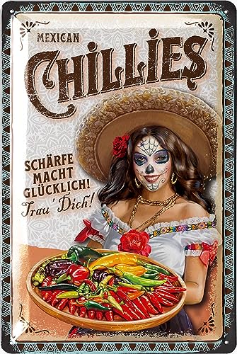 LANOLU Retro Blechschild CHILLIES - Retro Deko Küche - Vintage Küchen Schild, Metallschild mit Spruch, 20x30cm