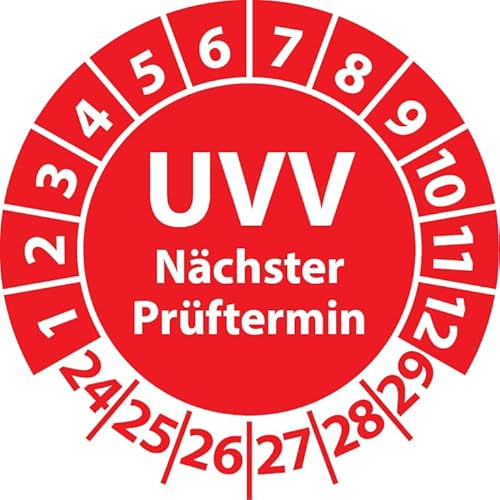 Prüfplakette UVV Nächster Prüftermin, Vinylfolie, Prüfaufkleber, Prüfetikett, Plakette UVV-Prüfung (30 mm Ø, Rot, 100)