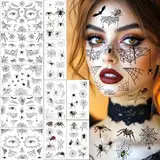 Halloween Gesichtstattoo, 11 Blätter Halloween Erwachsene Kinder Schminke Accessoires, Halloween Kostüm Damen Gruselig Spinnen Tattoo Aufkleber Gesicht Hexen Vampir Make Up Zubehör