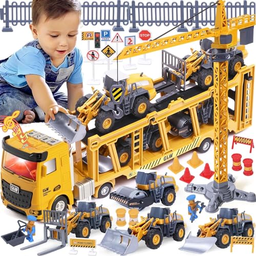 Tacobear Baufahrzeuge Kinder groß LKW Fahrzeug Spielzeug mit Kran Spielzeug Bulldozer Dampfwalze Gabelstapler Konstruktionsfahrzeuge Geburtstagsgeschenk für Kinder Jungen 3 4 5 6 7 8 Jahre