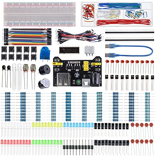 BOJACK 37 Werte 480 teiliges Elektronik Komponenten Spaß Kit mit Stromversorgungsmodul, Überbrückungskabel, Präzisionspotentiometer, 830 Punkte Breadboard, kompatibel mit STM32, Raspberry Pi, Arduino