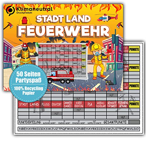 Stadt Land Feuerwehr Freiwillige Feuerwehrmann Geschenk Rätsel 50 Seiten DIN A4 Recycling Papier, mit Block