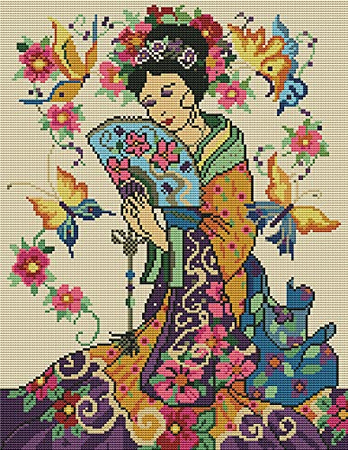 Abillyn Stickerei-Set für Kreuzstich, Motiv alte orientalische Dame mit Schmetterling, geprägtes Muster, Starter-Set (Dame)