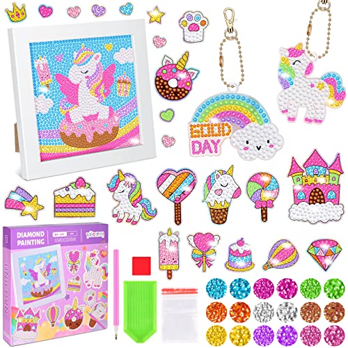 RYMALL Diamond Painting Kinder Set,5D DIY Einhorn mit Holzrahmen,23 Stück Sticker und 2 Schlüsselanhänger, Erwachsene und Wandverkleidungen