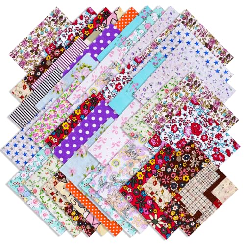 Outbit 70 Stück Patchwork Stoff Paket - 25 cm x 25 cm Baumwolle Stoff, Vorgeschnittene Quilting Stoffe mit Druck, Multicolor Patchwork Materialien für Nähen, Scrapbooking & DIY Handwerk (B)