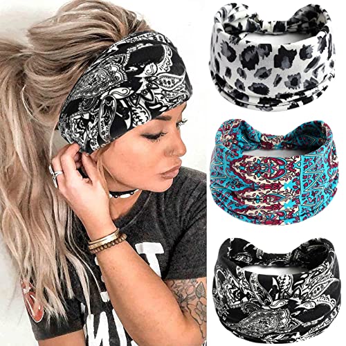 Damen-Haarbänder,Breite Haarbänder,Boho-Blumendruck Knoten Elastische Haarbänder Yoga-Bandanas,Laufstirnbänder für Frauen