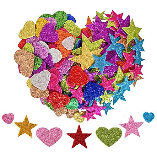 KANOSON Glitter Schaumstoff Aufkleber 150 Stück, Farben Selbstklebend Stern und Herz Sticker,Schaumstoff Sticker Set für Kinder/Wand Dekoration/Basteln/Fertigkeit Dekorativ