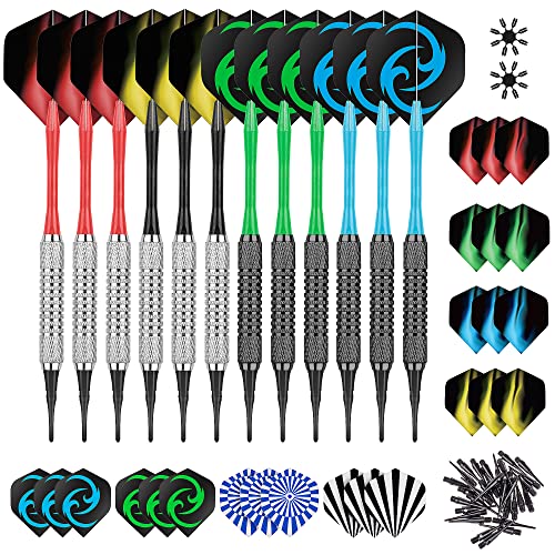 CareGames 12Stück Soft Dartpfeile Softdarts 16 Gramm mit PVC Schäften 50 zusätzlichen Dartspitzen 24 Flights für Elektronische Dartscheibem,Professionelle Softdart Set