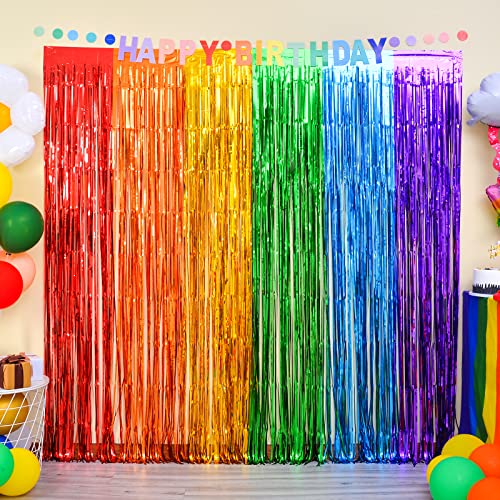 LOLStar Regenbogen Fasching Party Dekorationen, 4er Pack Karneval deko 3,3 x 6,6Fuß Regenbogen Fastnacht Folien Fransenvorhänge, Lametta, metallische Luftschlangen, Urlaub, Fotokabinen Requisiten