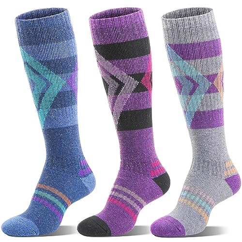 Welwoos Merino Wollsocken Skisocken Warme Thermosocken Dicke Thermo Wintersocken für Damen Herren Winter Geschenke Ski Socken 3 Paare(Blau/Lila/Grau,M)