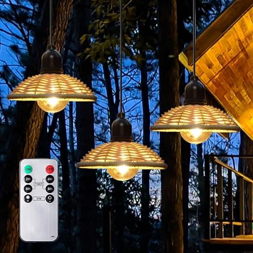 3er Außen Hängelampe Hängeleuchte mit Batterie Fernbedienung Batteriebetriebene Lampe Boho Rattan Φ17,5cm Lampenschirm Pendelleuchte ohne Strom Stromanschluss - IP44 Wasserdicht Outdoor Beleuchtung