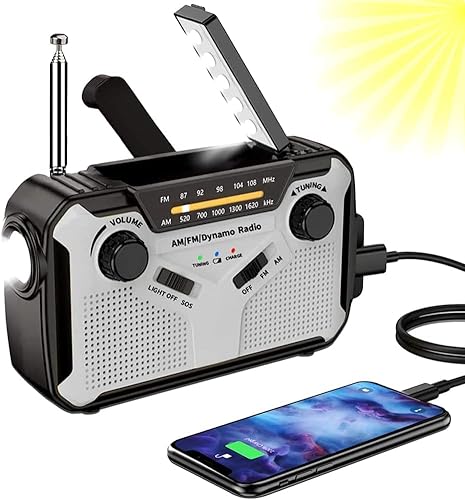 Solar Radio, AM/FM Tragbar Kurbelradio Dynamo Notfallradio mit 4000mAh Wiederaufladbare Batterie, Led Taschenlampe, SOS-Alarm für Camping, Ourdoor, Notfall (Grey)