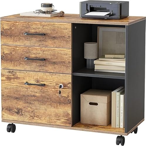 FEZIBO 3-Schubladen-Mobiler Aktenschrank, Seitenschrank mit Schloss, Druckerständer mit offenen Ablageflächen für das Home Office, Vintage&Schwarz