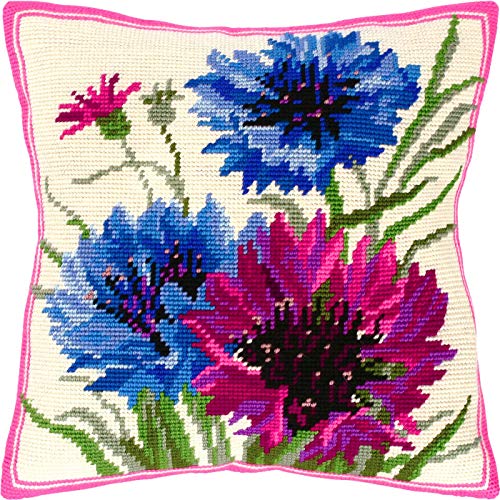 Brvsk Kornblumen. Needlepoint Set mit bedruckter Gobelin (40 × 40 cm) Kissenset mit Stickerei für kreative Inneneinrichtung Handarbeitsset für erwachsene Anfänger