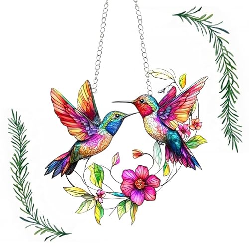 ARTGUTS Hängende Fensterdeko Vogel Buntglas Deko,Sonnenfänger Fenster Kolibri Lichtfänger Fenster,Acryl Kolibri Sonnenfänger mit Kette,Kolibri Fensterdeko Hängend für Wohnzimmer Gartendekoratio,Farbe