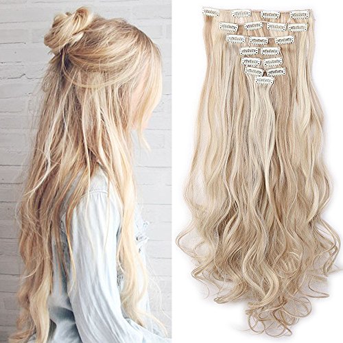 Elailite Clip in Extensions wie Echthaar günstig Haarteile 8 Tresssen 18 Clips für komplette Haarverlängerung Gewellt Haarextensions 24"(60cm)-140g Honigblond/Blond