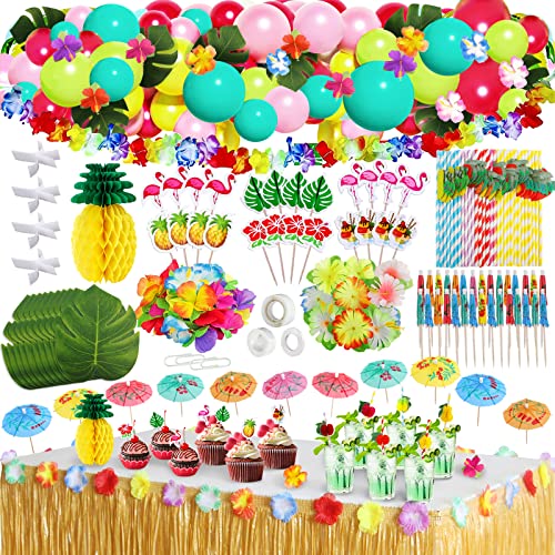 Frasheng 159 Stück Hawaii Party Dekoration Set,Hawaii Luau Tischröcke,Hawaiian Party,Hawaii Deko,Hawaii Kette Blumen Kuchendeckel Papier Strohhalme und 3D Frucht für Sommer Party Dekoration