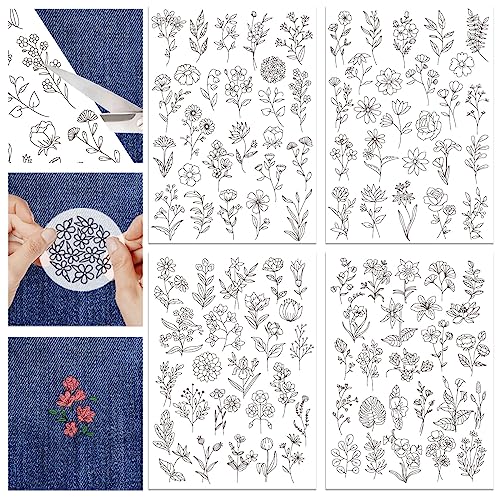 GLOBLELAND 4 Blatt Wasserlösliche Handnähstabilisatoren Mit Blumen Und Blättern Für Stoffstickerei, Stichübungen, Stickmusterübertragungen Für Stickanfänger