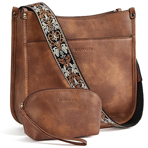 BOSTANTEN Damen Handtasche Kleine Umhängetasche PU Leder Schultertasche mit Geldbörse für Frauen Crossbody Bags mit verstellbarem Farbigem Riemen,Braun