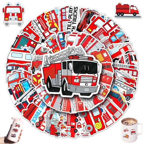 Feuerwehr Aufkleber Feuerwehrauto Sticker, 100 Stücke Stücke Vinyl Feuerwehr Auto Kinder Sticker, wasserdichte und Wiederverwendbare Jungen-fahrzeugaufkleber für Koffer, Wasserflasche, Laptop