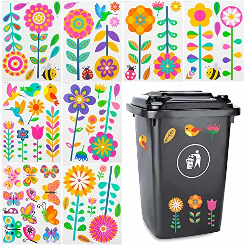 Mülltonnenaufkleber Mülleimer Aufkleber Dekorative Sticker - Blumenaufkleber Selbstklebender mit Blumen Schmetterlingen Kolibris Insekten Muster für Mülltonnen Kühlschrank Dekorationen, 62 PCS