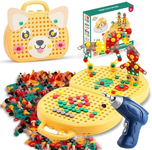 Funmo Mosaik Steckspiel Schraube Spielzeug,Montessori spielzeug ab 12 3 jahr,3D Puzzle Kinderspielzeug,mit Bohrmaschine Pädagogisch Kreativ Spielzeug (puppy)