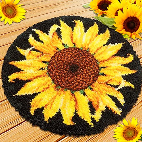 Mocoli Knüpfteppich zum Selber Knüpfen, DIY Knüpfsets Kreuzstich Teppich Set mit Werkzeug Latch Hook Kit (Sonnenblume, Durchmesser 50cm)