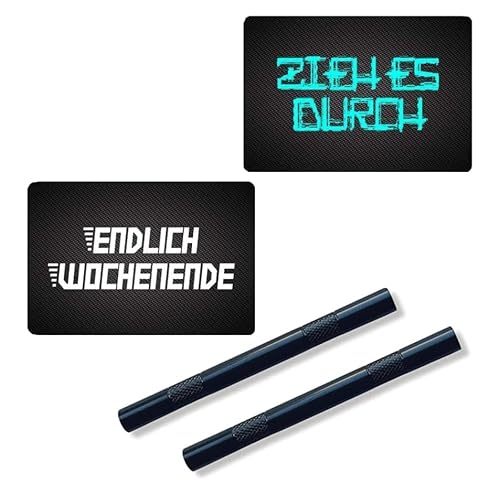 M&M Smartek 2 Alu Röhrchen in schwarz/geriffelt (80mm) & mit „ZIEH ES DURCH“ & „ENDLICH WOCHENENDE" Karten Snuff Snorter Sniffer Snuffer für Schnupfset für Schnupftabak