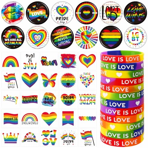 JUNEBRUSHS Pride Accessoires Set, 72 Stück LGBTQ Accessoires Pride Silikon Armbänder Pride Tattoo Pins Abzeichen für Pride Parades Festival Party