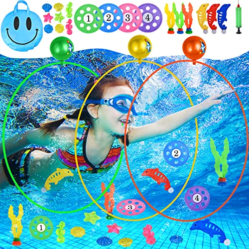 Faburo 23 Stück Tauchringe für Kinder Set Pool Spielzeuge Tauchen Spielzeug Unterwasser mit Tauchringe Seetang Delphine Tauchen Frisbee Tauchjuwel Spielzeug Tauchspielzeug für Kinder Junge Mädchen