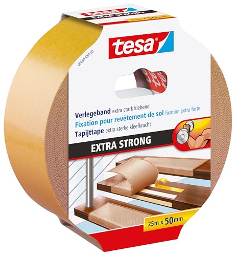 tesa Verlegeband extra stark klebend - Doppelseitiges Klebeband zum Verlegen von Teppich und PVC-Belag - doppelseitig klebend - 25 m x 50 mm