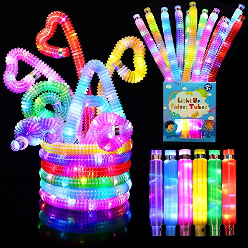 Piucrty 12 Stück Mitgebsel Kindergeburtstag 2022 LED Pop Tubes Fidget Toys Knicklichter Armbänder Party Deko Set Leuchtstäbe Buntes Festival Zubehör Sensorik Spielzeug Kleine Silvester Geschenke