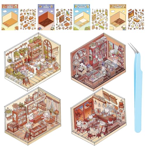 DIY 3D House Sticker Set - 4 Sätze für Supermarkt, Café, Restaurant, Buchhandlung - Stressabbau Bastelset