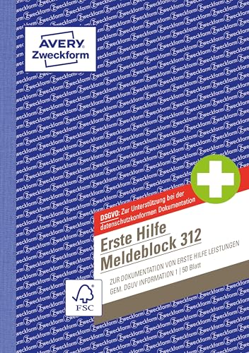 AVERY Zweckform 312 Erste Hilfe Meldeblock nach DGUV Information 204-020 (A5, 50 Originale, Verbandbuch zur Dokumentation von Unfällen/Hilfeleistungen im Betrieb, von Rechtsexperten geprüft)