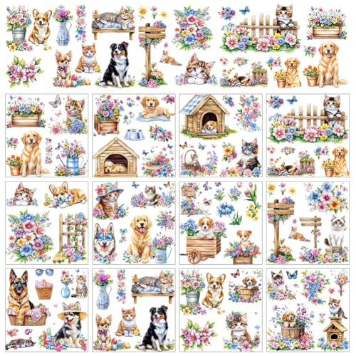 AHANDMAKER 12 Blatt Rubbel Transferaufkleber Realistische Aquarell Aufkleber Mit Hund Katze Blumen Für Zuhause Klassenzimmer Holz Glas Porzellan Dekor 5.5 x 5.5 Zoll