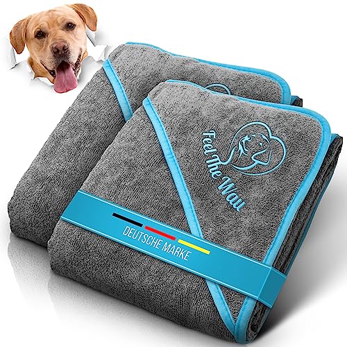 FeelTheWau Hundehandtuch große Hunde - 2er Set - Hundehandtuch Extra saugfähig - Hunde Handtuch mit Taschen - Beliebtes Geschenk Hundebesitzer - Design grau türkis - 130x75cm