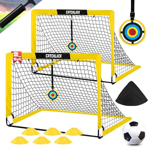 CATCHLUCK Kinder Fussballtor Outdoor Fussballtore für Garten Kinder Fussball Tor Pop Up Fußballtor 2er Set mit Fussball, 6 Fußballkegel, 8 U-förmige Bodennägel und Tragetasche, Gelb