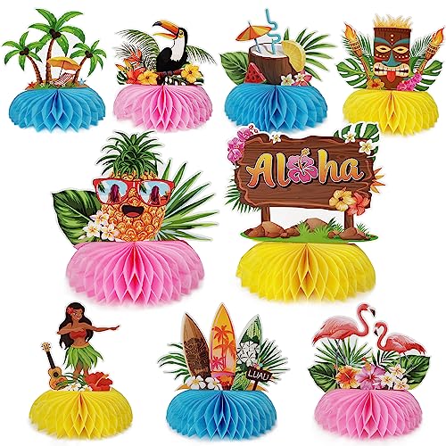 GEBETTER 9 Stück Hawaii Party Deko Tischdeko Luau Bienenwabe Mittelstücke Tropische Künstlich Dekoration für Mottoparty Aloha Strand Party Sommer Urlaub Geburtstag