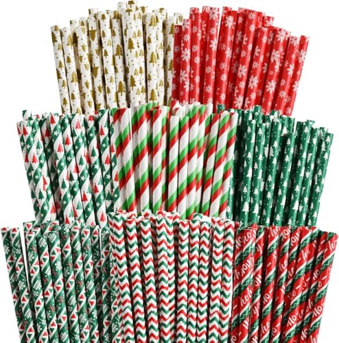 VITEVER 100 Weihnachts Papierstrohhalme, Weihnachtsbaum, Schneeflocken, gestreifte Strohhalme für Weihnachtsdekorationen und Weihnachtsgeschenke, 8 Stile