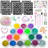 Glitzer Tattoo Set, 18 Farben Temporäre Glitzertattoo mit 222 Schablonen, 5 Pinsel, 3 Cartoon-Aufkleber, 2 Kleber und 1 Schwamm