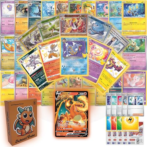 Pokemon Karten Deutsch - 50 Pokemon Karten inkl. 10 Holo/rev. Holo und seltener V, ex, VMAX oder VSTAR Karte | mit Schutzbox | Perfekt für Kinder | Jedes Set is Anders