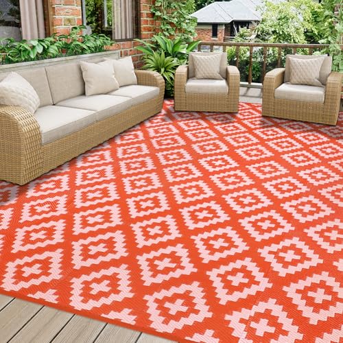 Homcomodar Outdoor Teppich für Patio Clearance 180x270cm UV-beständige Camping Matte Kunststoff Stroh Teppiche Patio Teppich Reversible Matten für BBQ Picknick Deck(Orange/Rosa)