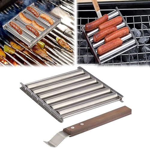 Hot Dog Roller, Edelstahl Wurstroller Rack mit extra langem Holzgriff, BBQ Hot Dog Griller, 6 Rollen für 5 Hot Dogs für Gleichmäßig Gekochte Hot Dog (1 Set)