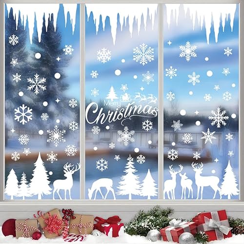 Weihnachten Fenstersticker, Cshare Winter Schneeflocken Eiszapfen Weihnachten Fenster Abziehbild, Doppelseitige Statisch Haftende PVC Aufkleber für Glasfenster Weihnachtsdeko (9 Blatt, 20x30cm)