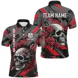 vhasport Personalisierte 3D-Druck Dartshirts für Herren & Damen mit Totenkopf- und Rosenmotiv | Rot T1919