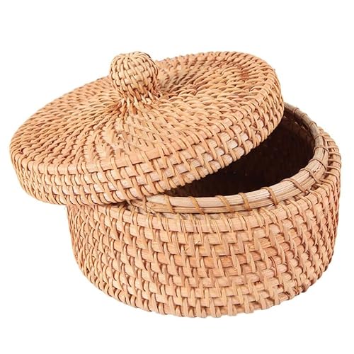 Tagtight Handgewebte Aufbewahrungsbox mit Deckel, Rattan Box, Gewebtes Kisten aus Ratten für Schlüssel Brille, Weiden Lebensmittel, Tee Behälter, Picknick Brot Obst Snacks Korb, Küchen Organizer