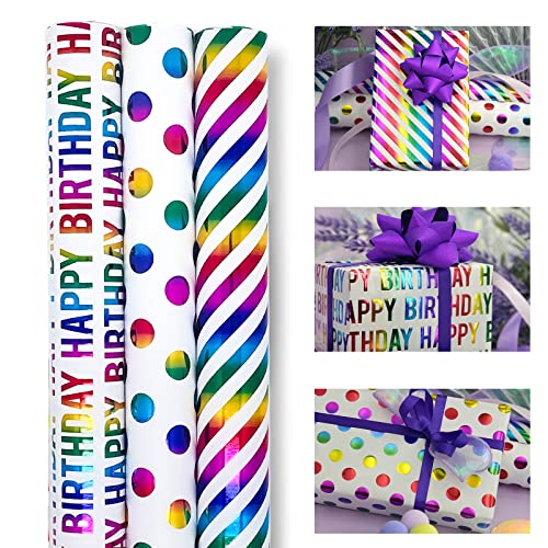 ZYOOO 3 Rolle Regenbogen Glitzernde Geschenkpapier Geburtstag Bunt Rolle –43cm x 3m pro Rolle