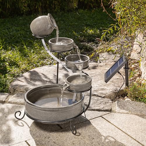 esotec Solar Kaskadenbrunnen Firenze, Gartenliebhaber-Geschenk, Springbrunnen außen, Gartenbrunnen Wasserspiel, Katzenbrunnen Terrakotta, Wasserfall Garten, wetterfest grau H=55cm 101306