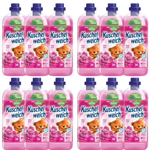 Kuschelweich Weichspüler - 12 x 1 l für je 38 Wäschen, kuschlig-weich - hautverträglich, mikroplastikfrei - Pink Kiss