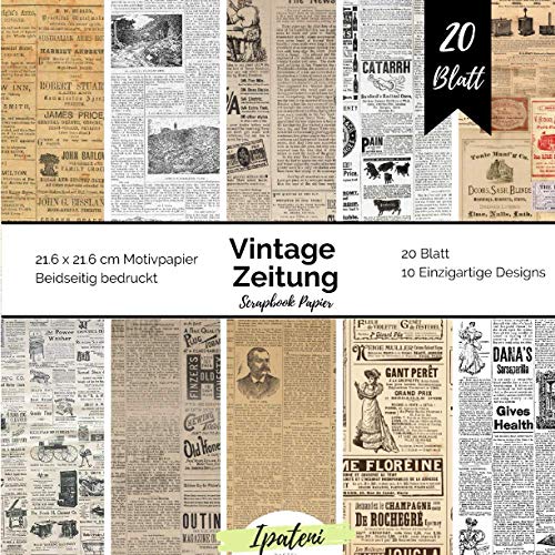 Scrapbook Papier Vintage Zeitung: Motivpapier Beidseitig Bedruckt Vintage Papier zum basteln 20 Blatt 21.6 x 21.6 cm Bastelpapier für vielfältige Bastelarbeiten